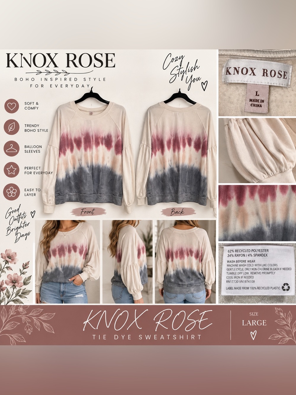 Knox Rose Tie-Dye Sweatshirt in Cream, Pink & Gray